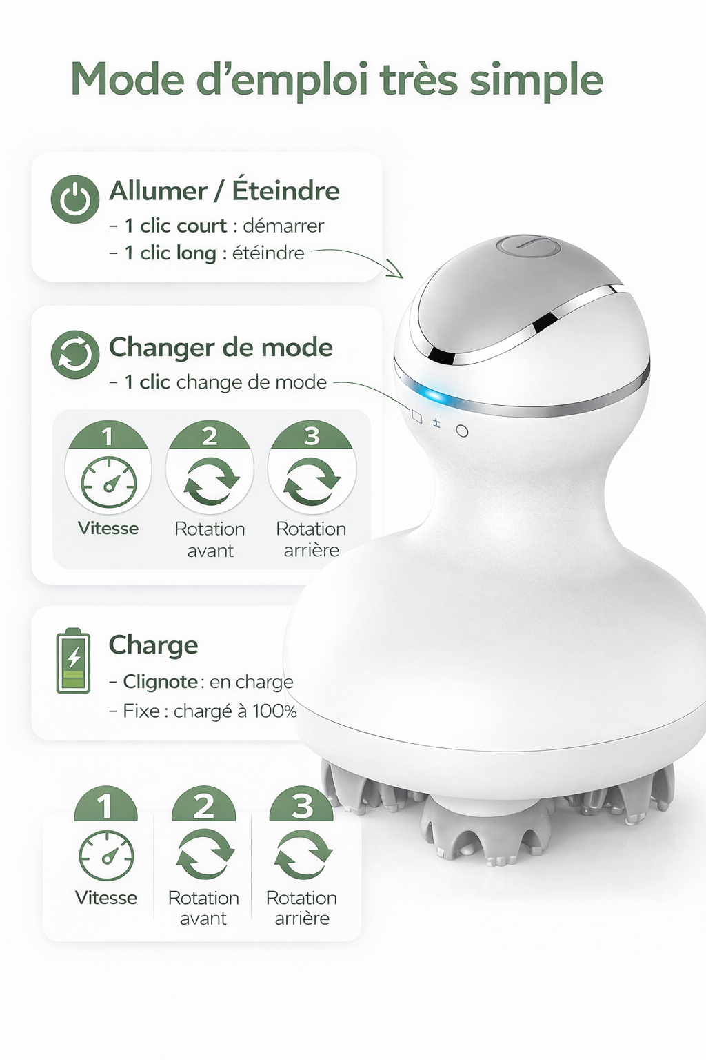 Appareil de massage sans fil pour cuir chevelu