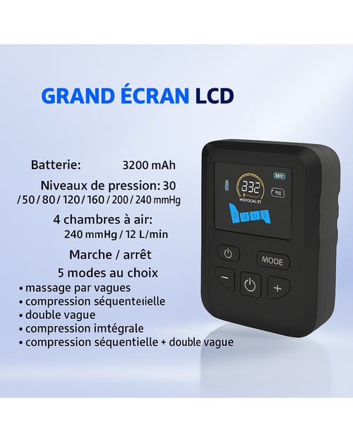 Bottes de compression d’air – 4 zones, rechargeables, sac à dos inclus