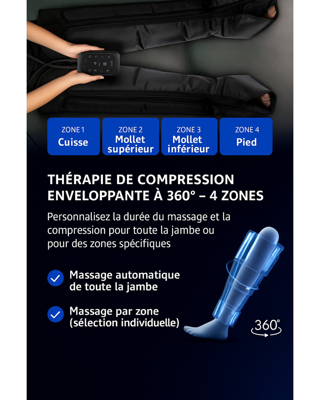 Bottes de compression d’air – 4 zones à pression réglable + sac à dos