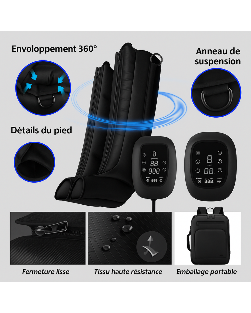 Bottes de compression d’air premium - 6 zones à pression réglable - Avec sac à dos